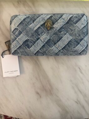 NWT Kurt Geiger Blue Woven Denim Zip-Around Wallet with Gold Accent